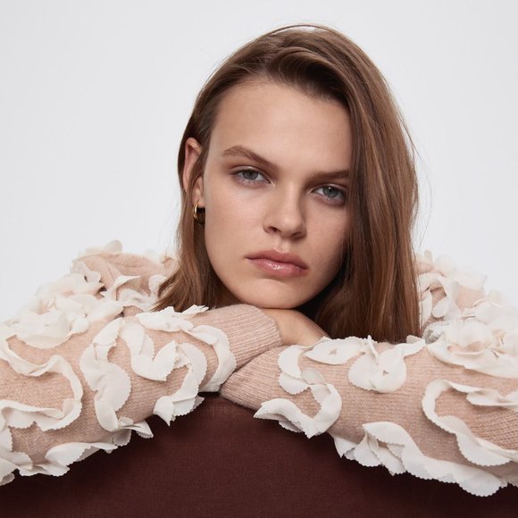 ZARA RIBBON ORGANZA CHIFFON DUSTY PINK KNIT CONTRASTING TRIM SWEATER $69.90 - Picture 4 of 14